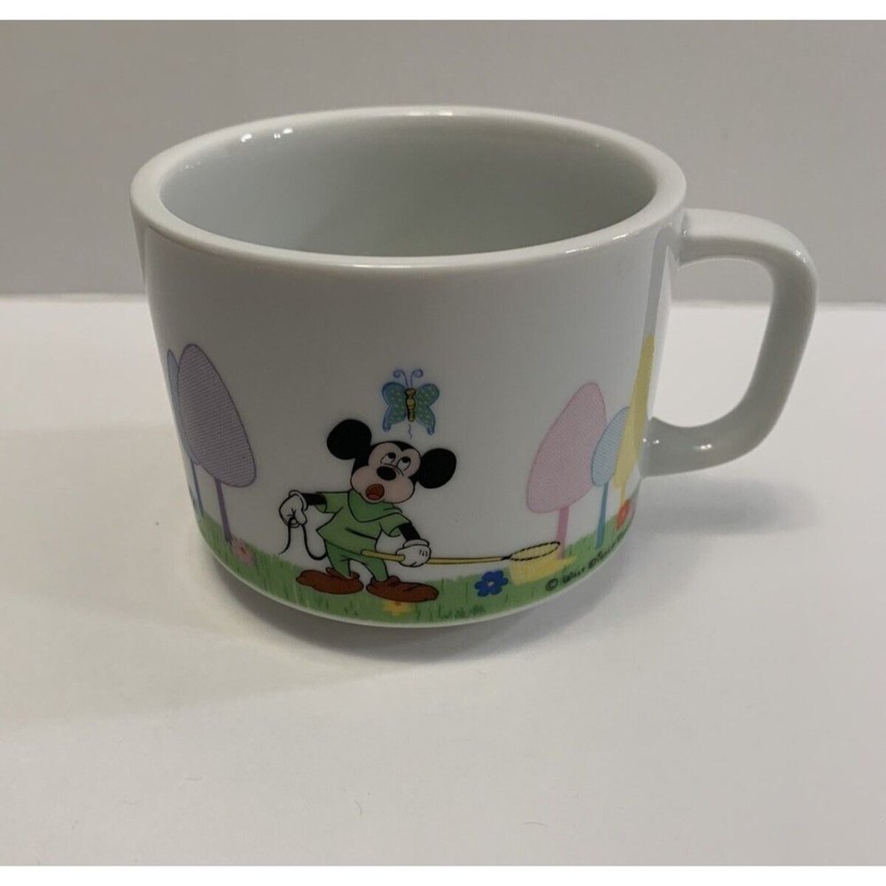 Walt Disney Productions Childs Cup Mickey Mouse With Butterfly Net Vintage Japan